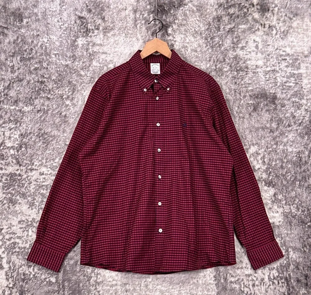 Brooks Brothers Shirt XL Mens Regent Fit Red Plaid Non Iron Embroidered Sheep
